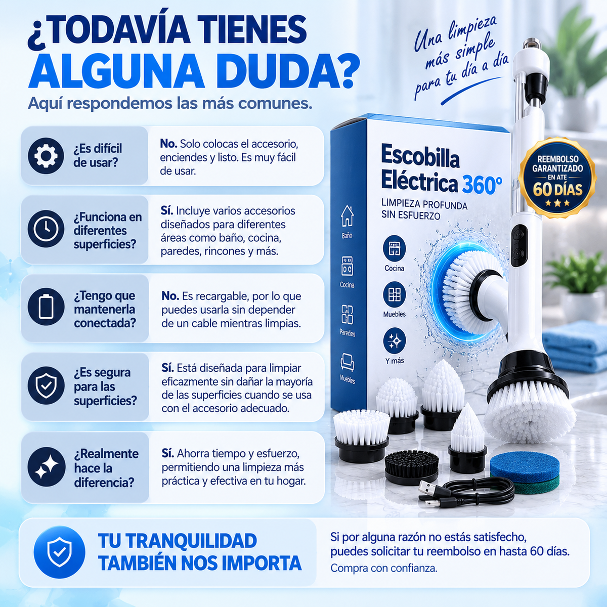 La Suciedad se va. tú Dejas de Frotar. Escobilla Eléctrica 360°