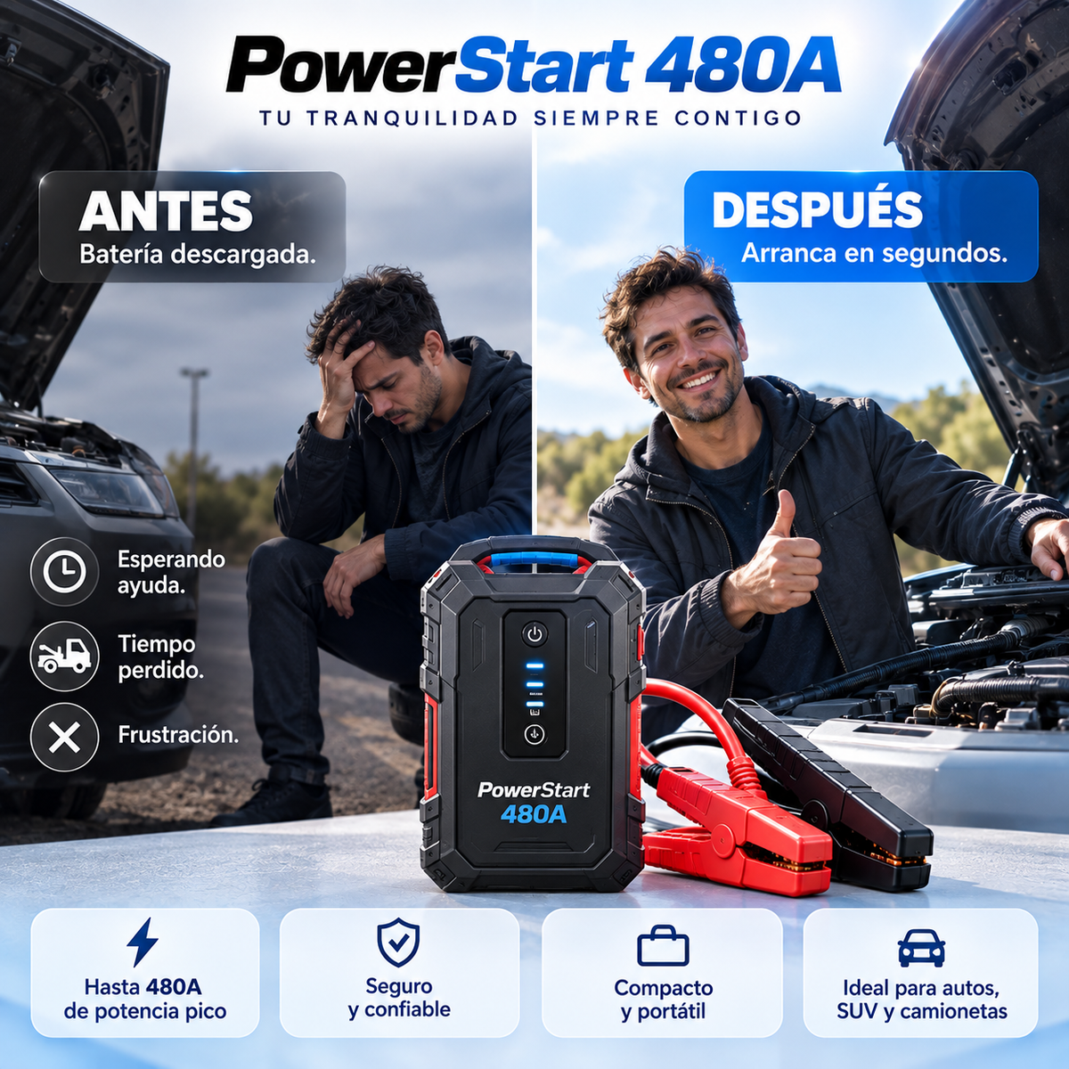 TU CARRO NO ARRANCA? DALE HASTA 480A Y VUELVE A ENCENDERLO EN SEGUNDOS CON POWERSTART 480A