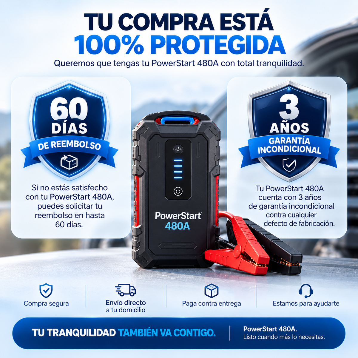 TU CARRO NO ARRANCA? DALE HASTA 480A Y VUELVE A ENCENDERLO EN SEGUNDOS CON POWERSTART 480A